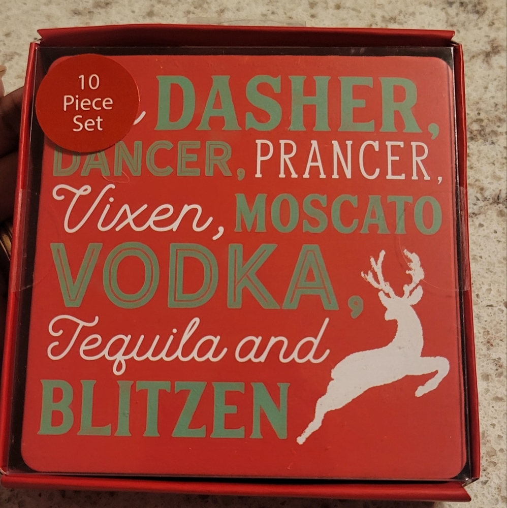 10 Piece Christmas Reindeer Coaster Set, New in Package